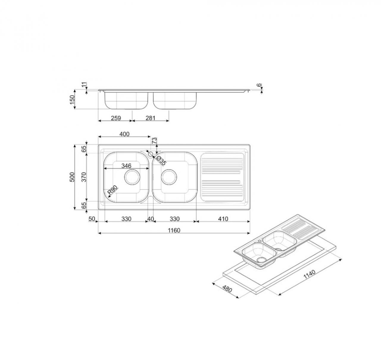 Врезная кухонная мойка smeg LYP116D 116х50см нержавеющая сталь